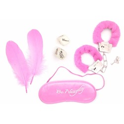 Набор игровой розовый: наручники с мехом, маска, перо  и кубики "For Lovers Fantasy"
