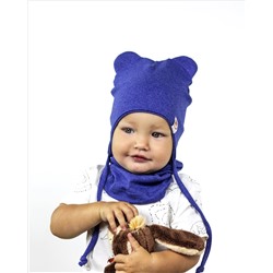 Шапка "Мишка" двухслойная с завязками и шевроном "Медведь". Цвет синий меланж