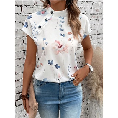 EMERY ROSE Bluse mit Blume Muster, Knopf Detail, Fledermausärmeln,