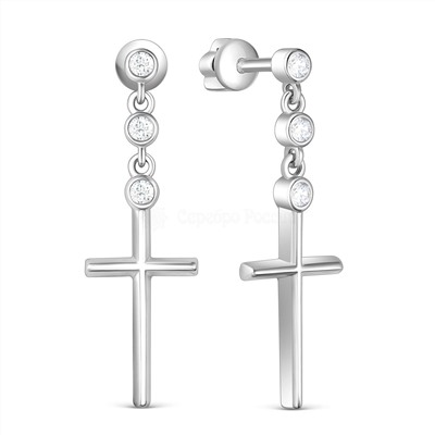 Серьги-пусеты гвоздики кресты из серебра с фианитами родированные 925 пробы 150046_001