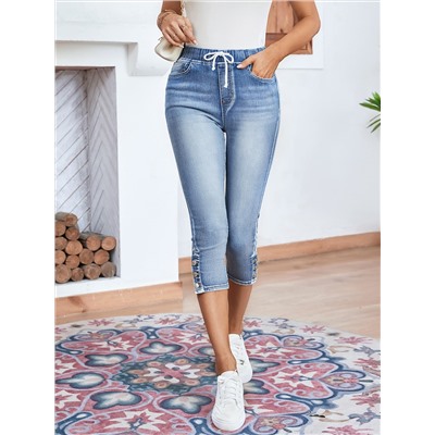 EMERY ROSE Jeans mit Tunnelzug, Knopf, Saum Capri