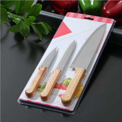 Набор кухонных ножей Доляна Wооd, набор 3 шт, лезвие: 8 см, 12 см, 19,5 см, ручка деревянная