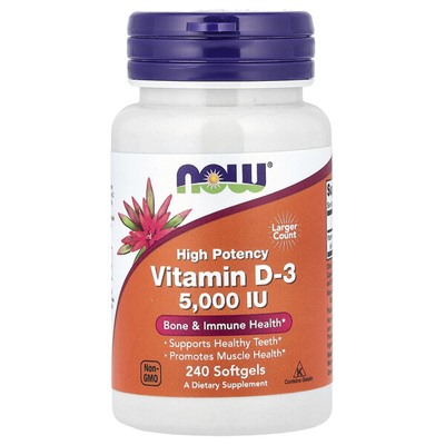 NOW Foods Витамин D-3, высокая потенция, 5000 МЕ, 240 мягких капсул - NOW Foods