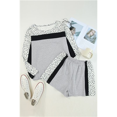 Gray Leopard Colorblock Patchwork Pullover and Shorts Set