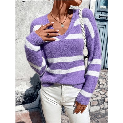 Pullover mit Streifen Muster, Drop Shoulder