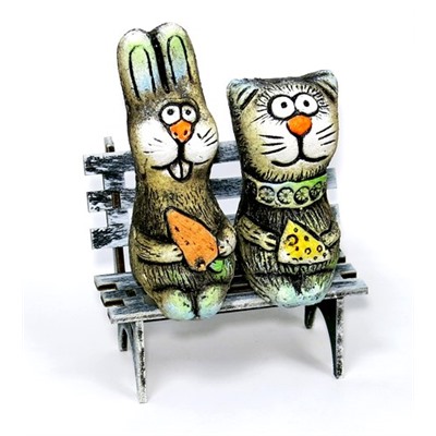 Кот и заяц на скамейке мини, KN 00-119