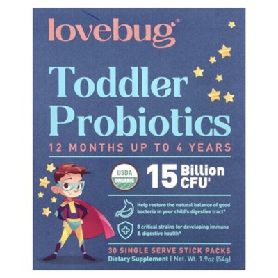 LoveBug Probiotics Пробиотики для малышей, от 12 месяцев до 4 лет, 15 миллиардов КОЕ, 30 пакетиков-стиков, по 0,06 унции (1,8 г) каждый