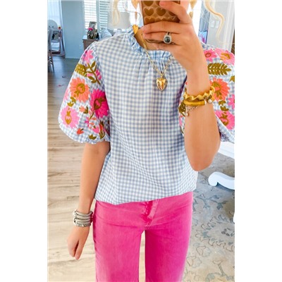 Light Blue Gingham Floral Embroidered Puff Sleeve Blouse