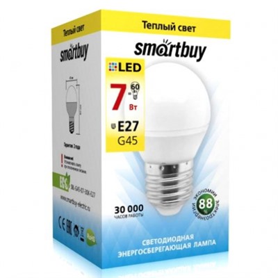 Лампа св/д SMARTBUY G45-7W-220V-3000K-E27 теплый свет