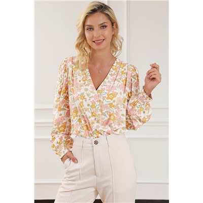 Multicolor Shirred Puff Sleeve V Neck Floral Bodysuit