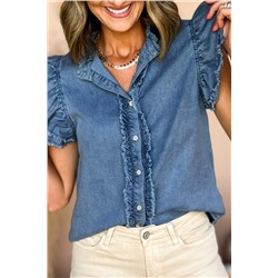 Ashleigh Blue Button Front Ruffled Flutter Frayed Denim Top