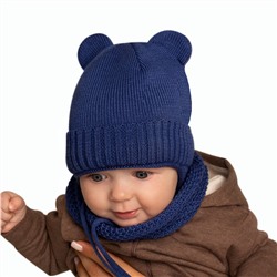 Комплект Шапка "Медвежонок" с завязками и подворотом + снуд ажурный (хлопок). Цвет: синий
