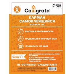 Карман самоклеящийся А4, 223 х 303 мм, комплект 5 штуки, Calligrata, 110 мкм, на лицевую сторону папок и любые гладкие поверхности