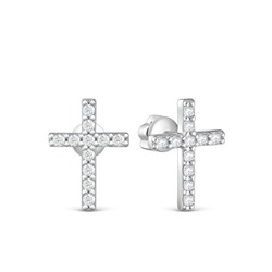 Серьги-пусеты гвоздики кресты из серебра с фианитами родированные 925 пробы 150045_001