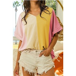 Apricot Crinkled Colorblock Patchwork V Neck T Shirt