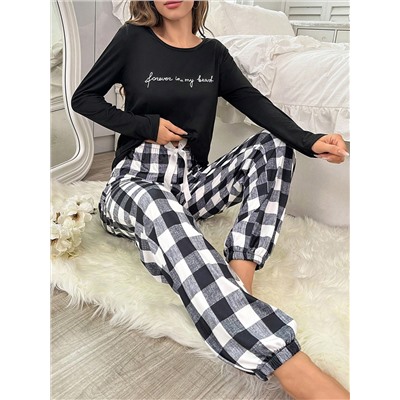 T-Shirt mit Buchstaben Grafik & Hose mit Buffalo Plaid Muster Pyjama Set