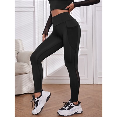 Yoga Trendy Kontrast Mesh Sport Leggins Mit Handytasche, Trainingsleggins