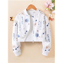 Tween Mädchen Floral Plant Leaves Printed Kurze Baseballjacke im Country-Stil, leichter Herbstabschnitt