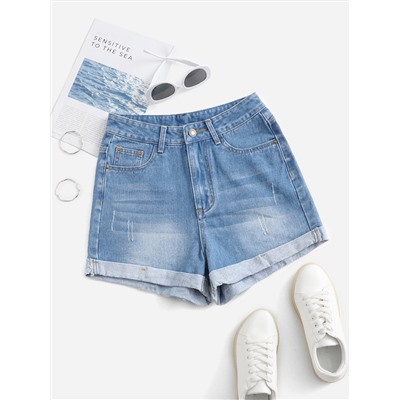 Denim Shorts mit Katzenkratzer aufgerolltem Saum