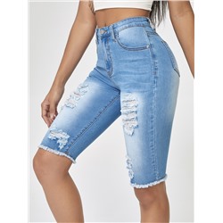 SHEIN Essnce Denim Shorts mit umgesäumtem Saum, Light Wash