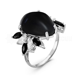 Кольцо из серебра с чёрным агатом, кварцем и фианитами родированное
