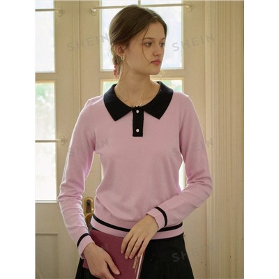 Simple Retro Damen Farbblock Pullover mit ausgekerbtem Kragen