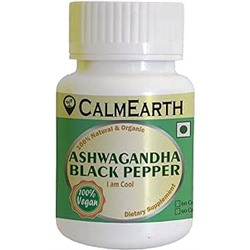 Calm Earth Ashwagandha w/ Black Pepper Organic Herbal Capsule 100% Pure: Mood Focus, Stress Relief, 60 Capsule