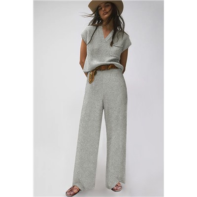 Gray Knitted V Neck Sweater and Casual Pants Set