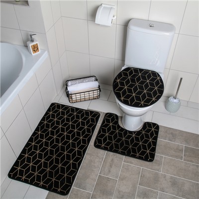 Набор ковриков для ванны и туалета Доляна «Геометрик», 3 шт: 35×40, 40×50, 50×80 см, цвет чёрный