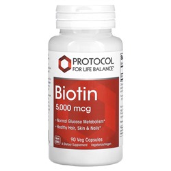 Protocol for Life Balance Биотин - 5000 мкг - 90 вегетарианских капсул - Protocol for Life Balance