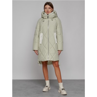 Пальто утепленное с капюшоном зимнее женское светло-зеленого цвета 51128ZS