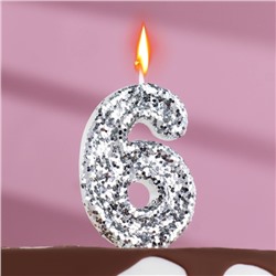 Свеча в торт «Блестки», цифра "6",серебро, 5,5 см