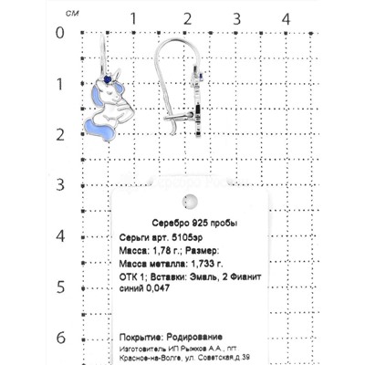 Серьги детские из серебра с эмалью и фианитами родированные 925 пробы 5105эр