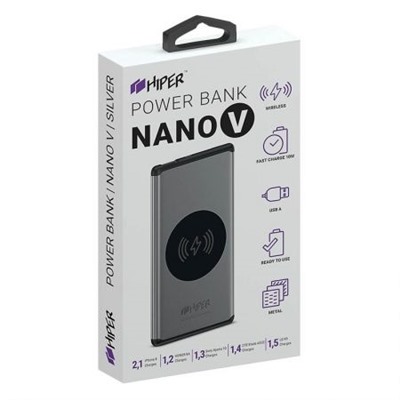 Зарядное устройство Hiper Nano V, 5000 мА/ч, Qi 5 W, 2.1A USB, серебристое