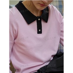 Simple Retro Damen Farbblock Pullover mit ausgekerbtem Kragen