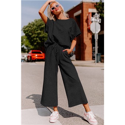 Black Textured Loose Fit T Shirt and Drawstring Pants Set