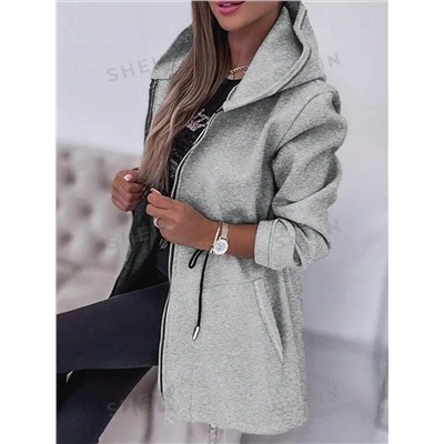 SHEIN LUNE Damen lässige Jacke mit Kapuze, Reißverschluss, Kordelzug, Tasche, Langarm, Einfarbig Minimalismus Streetwear-Stil