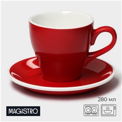 Кофейная пара фарфоровая Magistro Coffee time, 2 предмета: чашка 280 мл, блюдце d=15,5 см, цвет красный