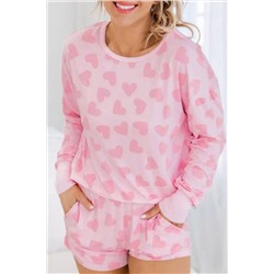 Pink Valentine Heart Shape Print Long Sleeve Top Shorts Lounge Set