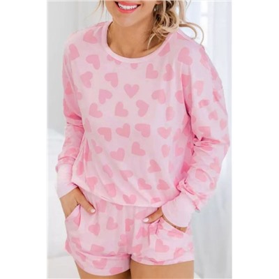 Pink Valentine Heart Shape Print Long Sleeve Top Shorts Lounge Set