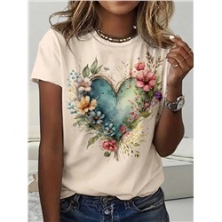 SHEIN LUNE Große Größen Loose Fit T-Shirt mit rundem Ausschnitt, kurzen Ärmeln und Herz & Blumen Muster