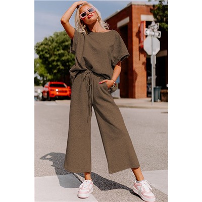 Brown Textured Loose Fit T Shirt and Drawstring Pants Set