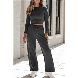 Carbon Grey Corded Long Sleeve Top Wide Leg Pants Set