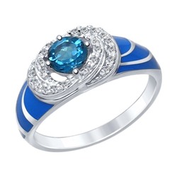Кольцо из серебра с эмалью с синим топазом и фианитами, 92011412
