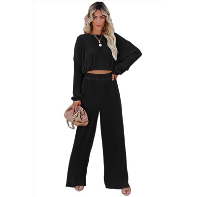 Black Corded Cropped Pullover and Wide Leg Pants Set