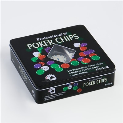 Набор для покера Professional Poker Chips: 100 фишек, 2 колоды карт по 54 шт., металлическая коробка, УЦЕНКА (мятая коробка)