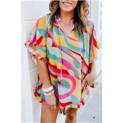 Multicolour Printed Frilled Batwing Sleeve Oversized T Shirt