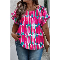 Rose Plus Size Abstract Print Ruffled Petal Sleeve Blouse