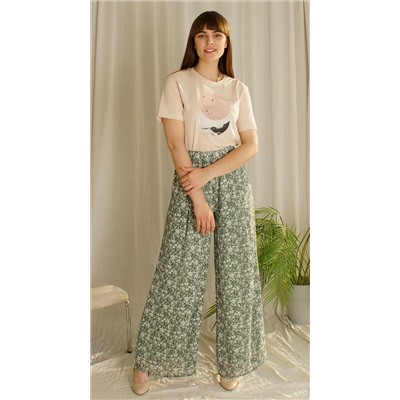 Женские летние брюки Юбка-брюки шифон зеленые с цветочками