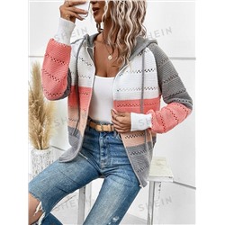 SHEIN LUNE Cardigan mit Farbblock, Pointelle Strick Tunnelzug, Kapuze